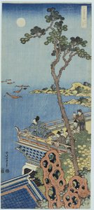 Ein Höfling auf dem Balkon eines chinesischen Pavillons, der in der Ferne bei Mondlicht schaut, aus der Serie "Ein Spiegel chinesischer und japanischer Verse" von Katsushika Hokusai