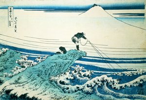Ein Fischer, der auf einem felsigen Vorgebirge in der Provinz Kai steht, aus der Serie "36 Ansichten des Berges Fuji", veröffentlicht ca. 1830-31 von Katsushika Hokusai
