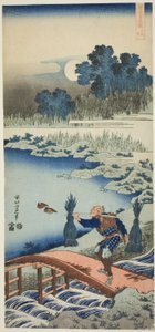 Ein Bauer überquert eine Brücke, aus der Serie Ein wahrer Spiegel chinesischer und japanischer Gedichte von Katsushika Hokusai