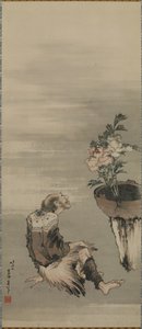 Ein sitzender Mann betrachtet Pfingstrosen im Topf, Edo-Periode von Katsushika Hokusai