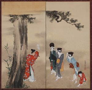 Ein Shinto-Priester, drei Frauen und ein Kind, Edo-Periode, ca. 1799-1801