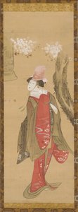 Eine Tänzerin, Kiyohime, ein Kirschbaum und die Glocke von Dojo-ji von Katsushika Hokusai