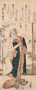Ein Surimono eines Mädchens, das eine Schriftrolle liest, aus der Serie "Sieben Weise für Shofudai" von Katsushika Hokusai