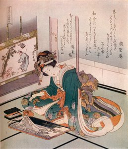 Eine Frau, die ein Miniaturmodell des Berges Fuji herstellt von Katsushika Hokusai
