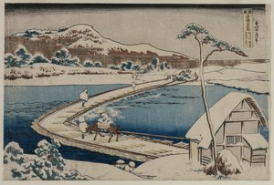 Ein altes Bild der Bootsbrücke bei Sano in der Provinz Kozuke aus der Serie Neugierige Ansichten berühmter Brücken in den Provinzen
