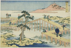Alte Ansicht der Acht-Planken-Brücke in der Provinz Mikawa (Mikawa no Yatsuhashi no kozu), aus der Serie "Ungewöhnliche Ansichten berühmter Brücken in verschiedenen Provinzen (Shokoku meikyo kiran)"