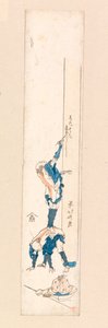 Künstler steht auf dem Rücken eines Mannes und schreibt auf eine Säule, um 1820 (Farbholzschnitt)