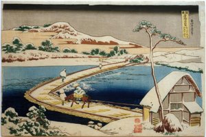 Blick auf die frühere Bootsbrücke bei Sano in der Provinz Kôzuke von Katsushika Hokusai