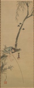 Junge, der von einem Ast eines Baumes fischt, Edo-Periode, 1839 von Katsushika Hokusai