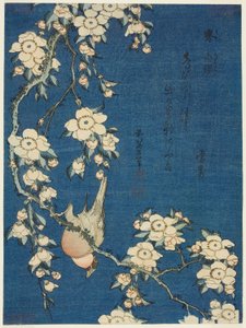 Gimpel und Trauerkirsche, aus einer unbetitelten Serie von Blumen und Vögeln von Katsushika Hokusai