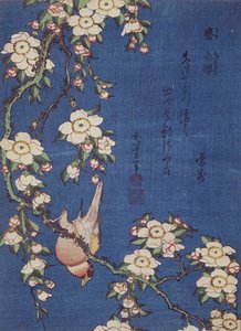 Gimpel und weinender Kirschbaum, veröffentlicht ca. 1834 von Katsushika Hokusai