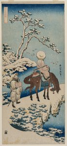 Chinesischer Beamter hält auf einer Brücke an, um den Schnee zu betrachten, 1834-1835 von Katsushika Hokusai