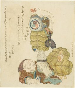 Daikoku balanciert Reisbündel, Hammer und Hahn auf seinen Füßen von Katsushika Hokusai