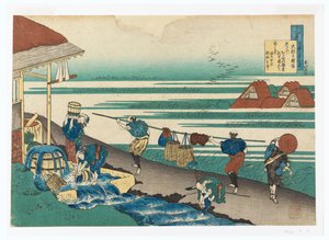 Dainagon Tsunenobu (Arbeiter am Meer, die Stoff färben), aus Hyakunin isshu ubaga etoki (Hundert Gedichte erklärt von der Amme) von Katsushika Hokusai