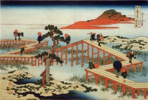 Die alte Ansicht der Yatsuhashi-Brücke in der Provinz Mikawa von Katsushika Hokusai