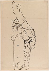 Zeichnung eines Mannes, der sich auf eine Axt stützt und einen Teil eines Baumstamms auf dem Rücken trägt von Katsushika Hokusai