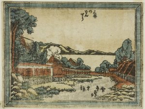 Abendglocke in Mii (Mii no bansho), aus der Serie Acht Ansichten von Omi im Ätzstil (Doban Omi hakkei) von Katsushika Hokusai