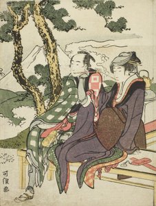 Abendglühen für Date no Yosaku und Seki no Koman, aus der unbetitelten Serie bekannt als Acht Ansichten tragischer Liebender von Katsushika Hokusai