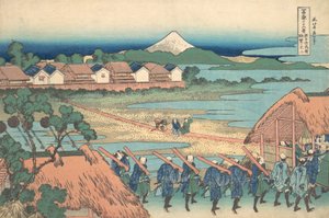 Fuji in der Ferne vom Vergnügungsviertel Senju gesehen, ca. 1830-32 von Katsushika Hokusai