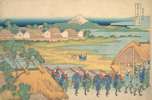 Fuji in der Ferne vom Vergnügungsviertel Senju aus gesehen, ca. 1830-32 von Katsushika Hokusai