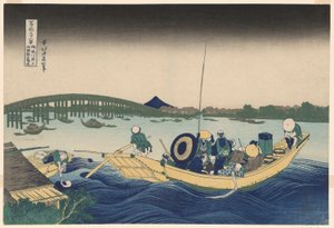 Fuji von Ommayagashi mit Dämmerung über der Ryogoku-Brücke (Ommayagashi yori ryogokubashi sekiyo o miru), aus der Serie "Sechsunddreißig Ansichten des Berges Fuji (Fugaku sanjurokkei)"