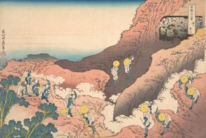 Gruppen von Bergsteigern Shojin tozan, aus der Serie Sechsunddreißig Ansichten des Berges Fuji, ca. 1830-32 von Katsushika Hokusai