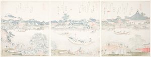 Komagata-Halle und O-umaya-Flussufer, aus der Serie "Eine Auswahl von Pferden" von Katsushika Hokusai