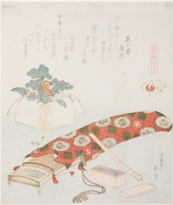 Koto und Neujahrsopfer, Illustration für Die Akoya-Strandmuschel (Akoyagai), aus der Serie Ein Zuordnungsspiel mit Gedichtmuscheln aus der Genroku-Zeit