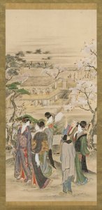 Landschaft: Gruppen von Männern und Frauen betrachten Kirschblüten von Katsushika Hokusai