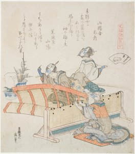 Herstellung von Bambusjalousien, Illustration für Die Bambus-Jalousien-Muschel, aus der Serie "Ein Zuordnungsspiel mit Gedichtmuscheln aus der Genroku-Periode" von Katsushika Hokusai