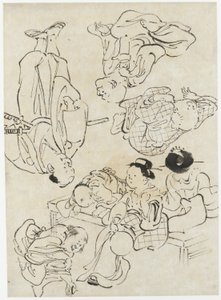 Verschiedene Figuren: Sommervergnügen, Figuren auf der Veranda sitzend und (unten) Samurai, Edo-Periode von Katsushika Hokusai