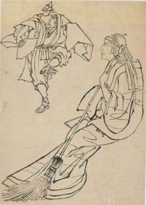 Alte Frau sitzt auf einer Bank, vor der ein Mann mit Fächer tanzt von Katsushika Hokusai