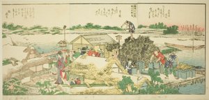 Seiten aus dem illustrierten Buch "Panoramablicke entlang der Ufer des Sumida-Flusses" von Katsushika Hokusai