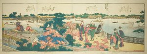 Seiten aus dem illustrierten Buch "Panoramablicke entlang der Ufer des Sumida-Flusses (Ehon Sumidagawa ryogan ichiran)"