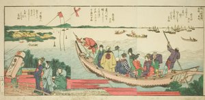 Seiten aus dem illustrierten Buch "Panoramablicke entlang der Ufer des Sumida-Flusses (Ehon Sumidagawa ryogan ichiran)"