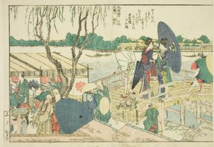 Seiten aus dem illustrierten Buch "Panoramablicke entlang der Ufer des Sumida-Flusses (Ehon Sumidagawa ryogan ichiran)" von Katsushika Hokusai