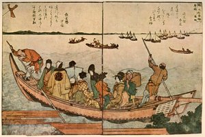 Passagiere auf einem Boot, das den Sumida-Fluss in Japan überquert, um 1804, 1924
