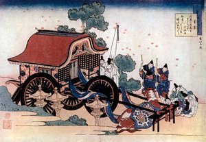 Ziehen einer dreirädrigen Kutsche, japanischer Holzschnitt, um 1780-1849