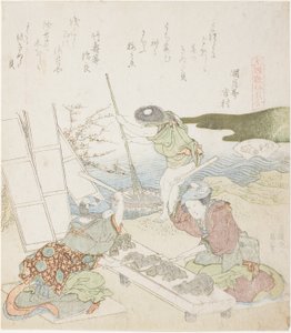 Papierrecycling, Illustration für Die Fulling-block Shell (Kinuta gai), aus der Serie "Ein Matching-Spiel mit Genroku-Periode Gedichtmuscheln (Genroku kasen kai awase)"