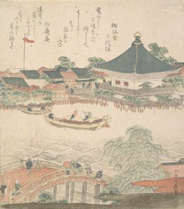 Flussszene mit Brücke im Vordergrund von Katsushika Hokusai