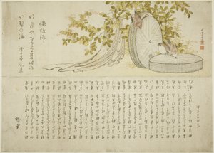 Spatzen auf Mühlsteinen mit Hagi-Büschen von Katsushika Hokusai