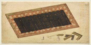 Stillleben eines Lackpaneels mit Gedichten von Katsushika Hokusai