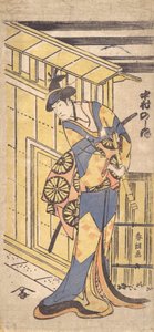 Der Schauspieler Nakamura Noshio II in Frauenrolle, hält eine Shakuhachi, 1796
