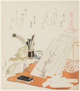 Das Studio, Illustration für Die weiße Muschel (Shiragai), aus der Serie "Ein Zuordnungsspiel mit Gedichtmuscheln aus der Genroku-Zeit (Genroku kasen kai awase)" von Katsushika Hokusai