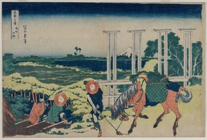 Das Wehr bei Senju in der Provinz Musashi aus der Serie Sechsunddreißig Ansichten des Berges Fuji, frühe 1830er Jahre von Katsushika Hokusai