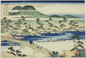 Togetsu-Brücke in Arashiyama in der Provinz Yamashiro (Yamashiro Arashiyama no Togetsukyo), aus der Serie "Ungewöhnliche Ansichten berühmter Brücken in verschiedenen Provinzen (Shokoku meikyo kiran)" von Katsushika Hokusai