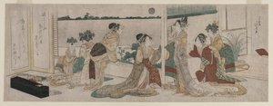 Tsukasa und andere Kurtisanen des Ogiya beobachten den Aufgang des Herbstmondes über Reisfeldern von einem Balkon in Yoshiwara