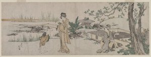 Zwei Frauen und ein Kind neben einem Goldfischbecken von Katsushika Hokusai