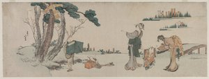 Frauen lenken ein Kind ab, dessen Drachen in einem Baum festhängt, ca. 1800