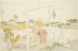 Frauen auf einer Veranda, die Stoff zum Trocknen spannen von Katsushika Hokusai